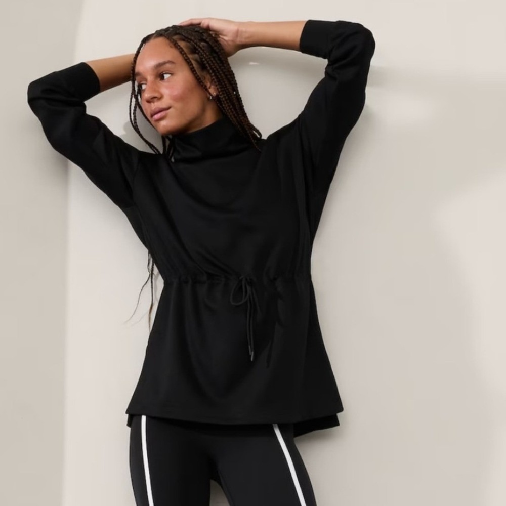 Athleta Allure Cinch Black Mock Neck Drawstring Waist Sweatshirt 414752 Large